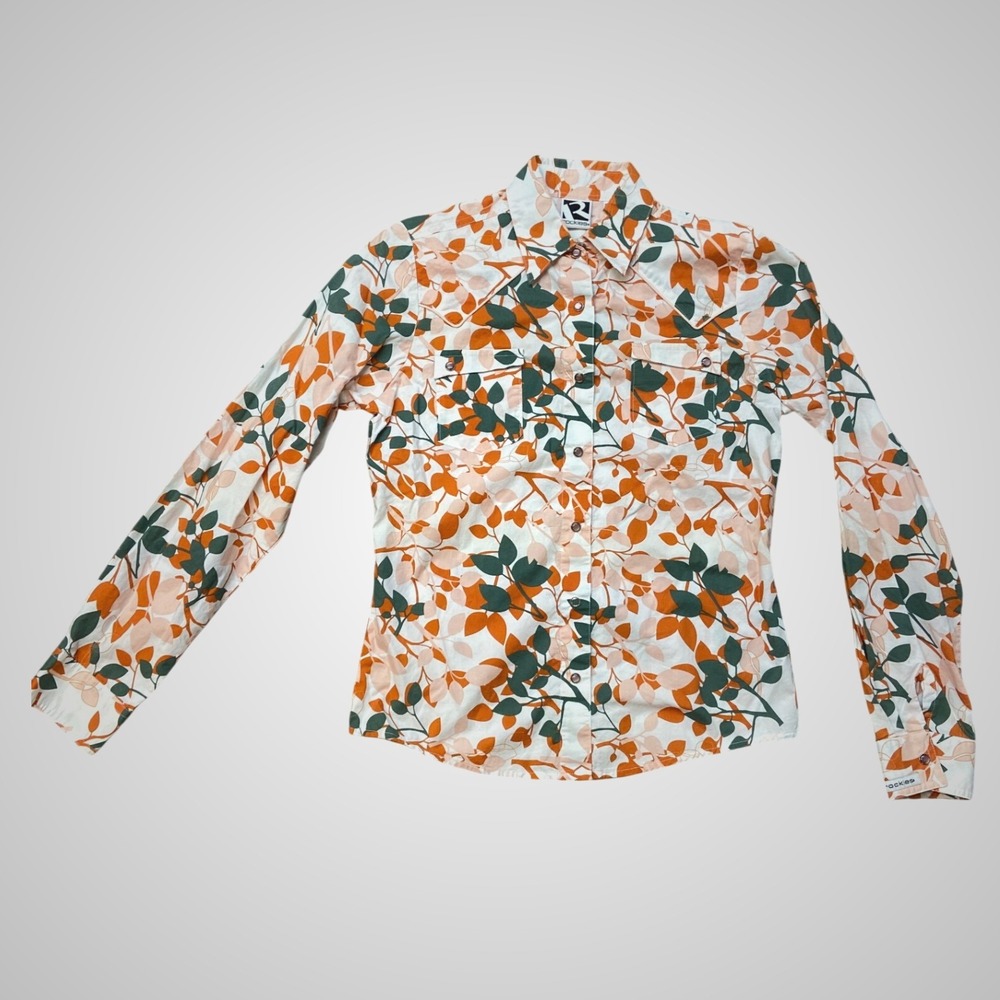 Rockies Womens Small Western Pearl Snap Shirt Orange Green Leaf Floral‎ Cowgirl